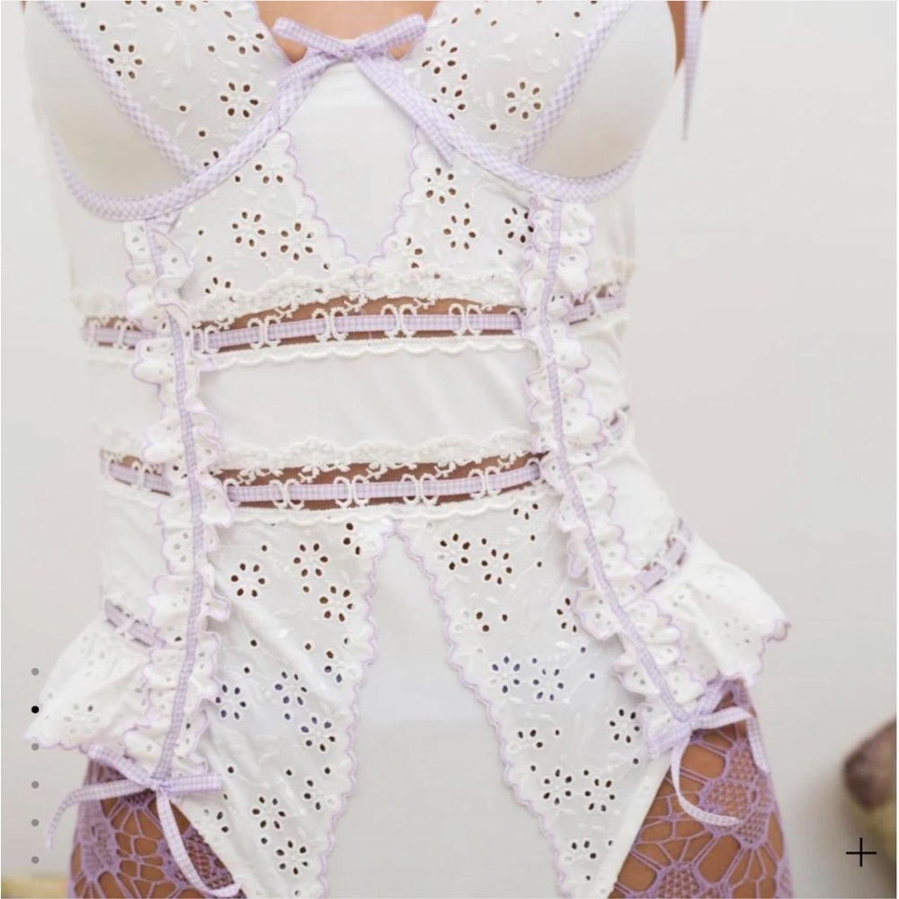 For Love & Lemons White and Lavender Eyelet Lace Bustier